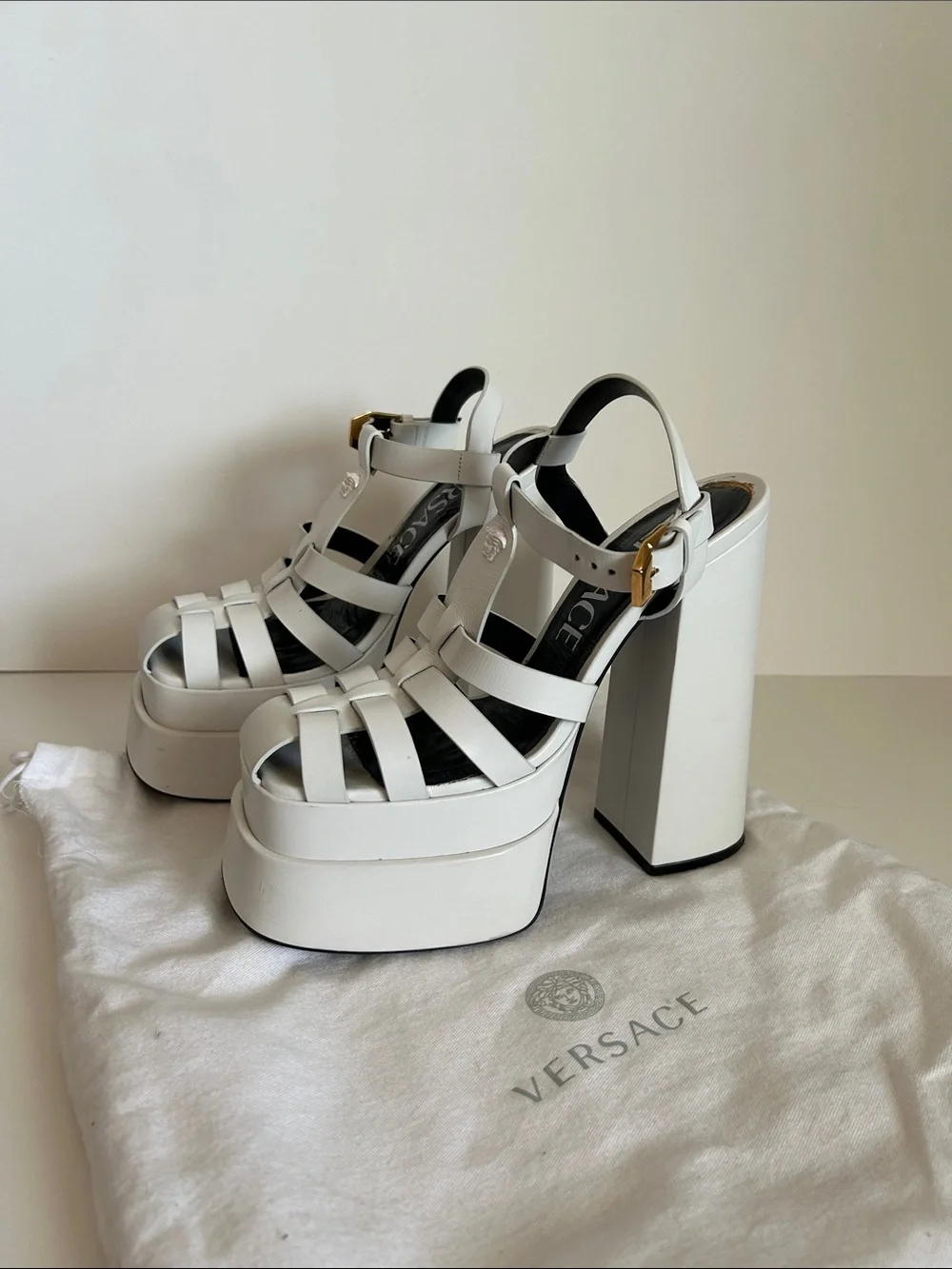 Versace White Leather Cage Platform Sandals with Gold Buckle